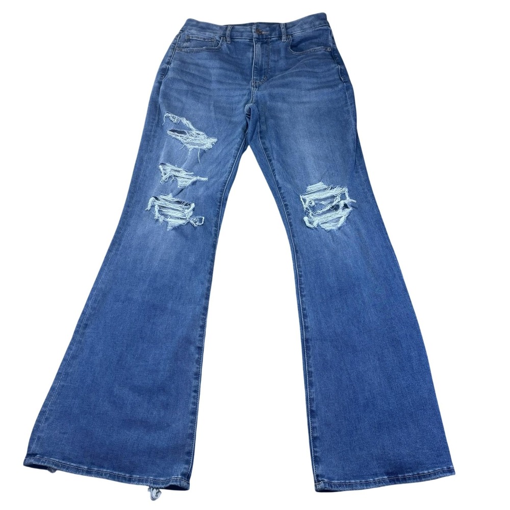 American Eagle Curvy Super High Rise Flare Jeans Womens 8 Medium Wash Distressed